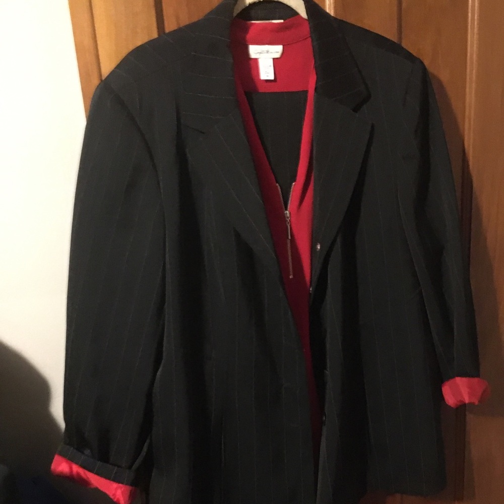 Black pinstriped skirt suit